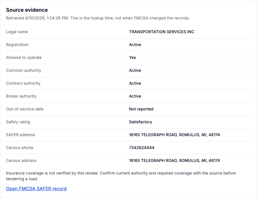 VerifyCarrier review screen showing separate FMCSA registration, authority, safety and contact fields for DOT 198